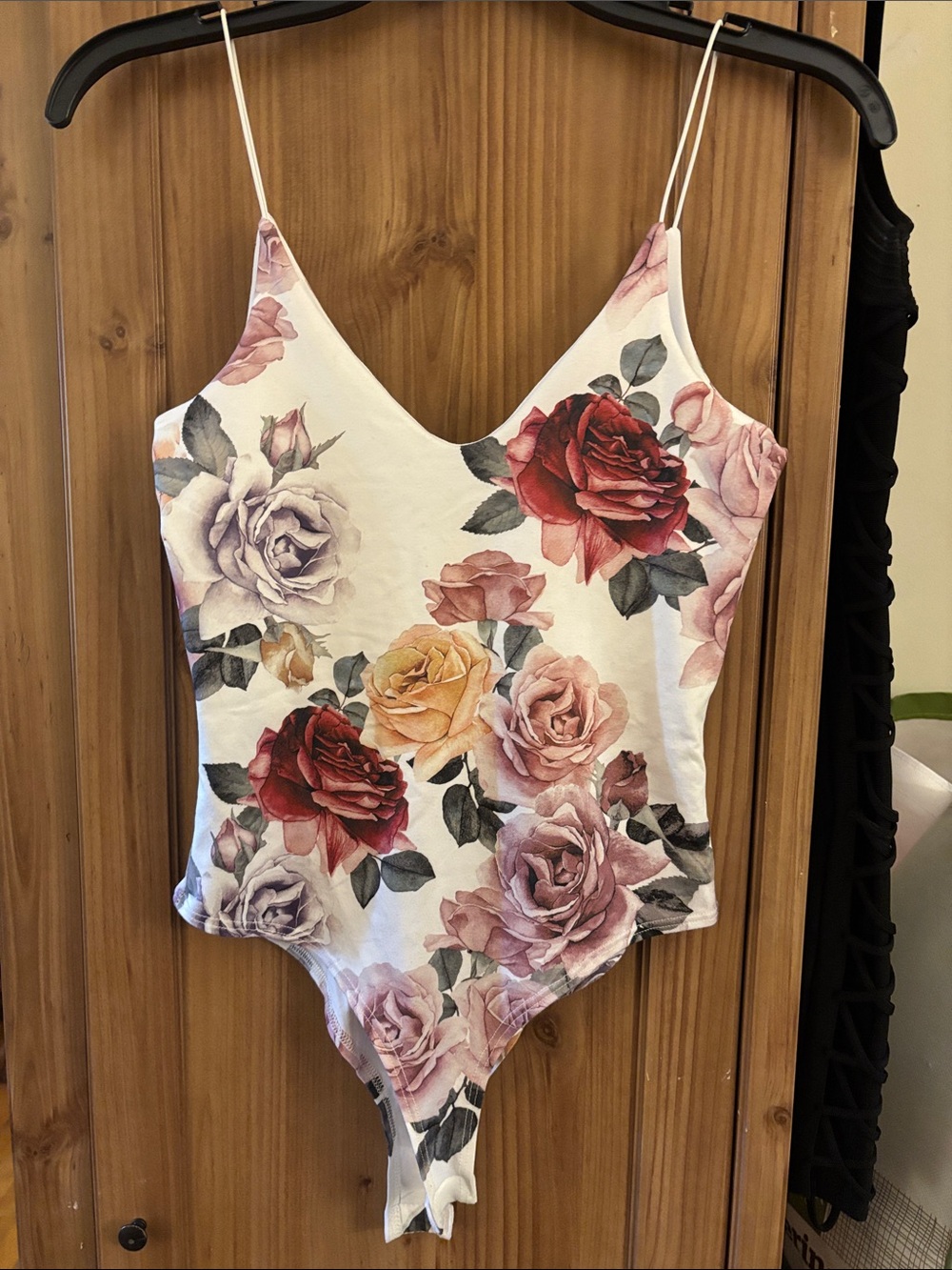 gaze Floral Rose Print Spaghetti Strap Bodysuit - Cream, Red, Pink, Yellow